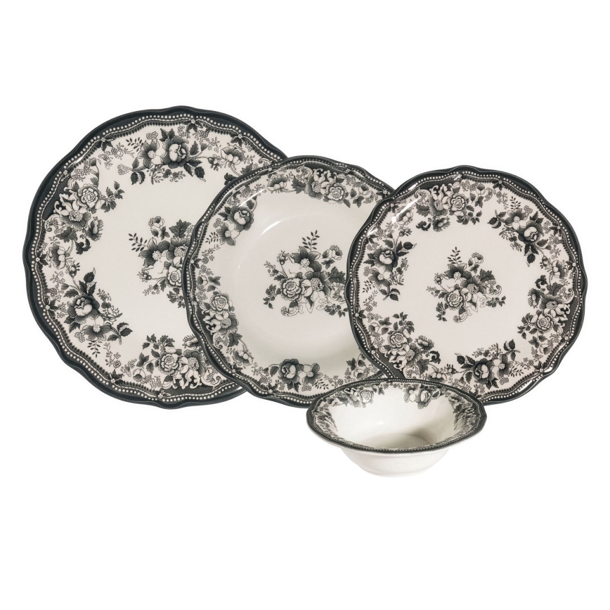 Set de veselă, 24 piese, porțelan alb/negru