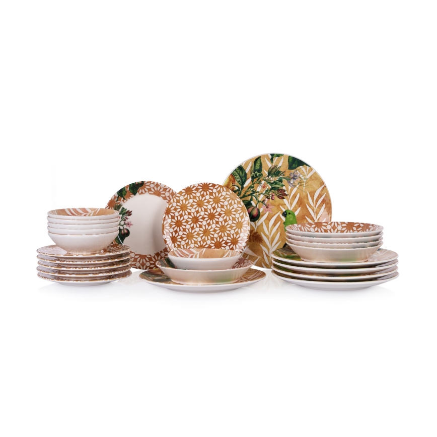 Set de veselă, 24 piese, portocaliu/verde, ceramică
