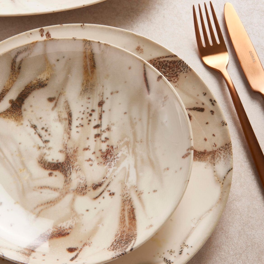 Set de veselă, 26 piese, bej/maro, porțelan