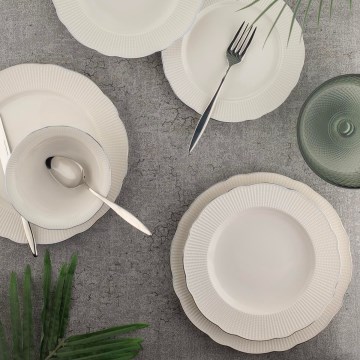 Set de veselă 26 piese, porțelan bone china, alb/argintiu/ivoriu