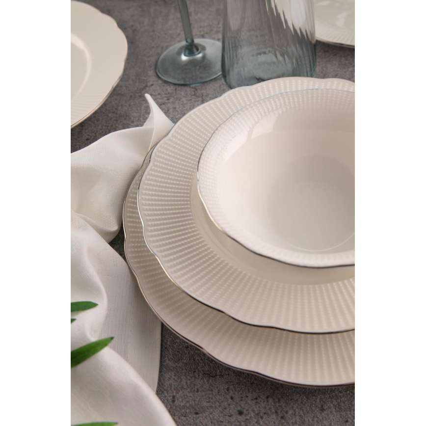Set de veselă 26 piese, porțelan bone china, alb/argintiu/ivoriu