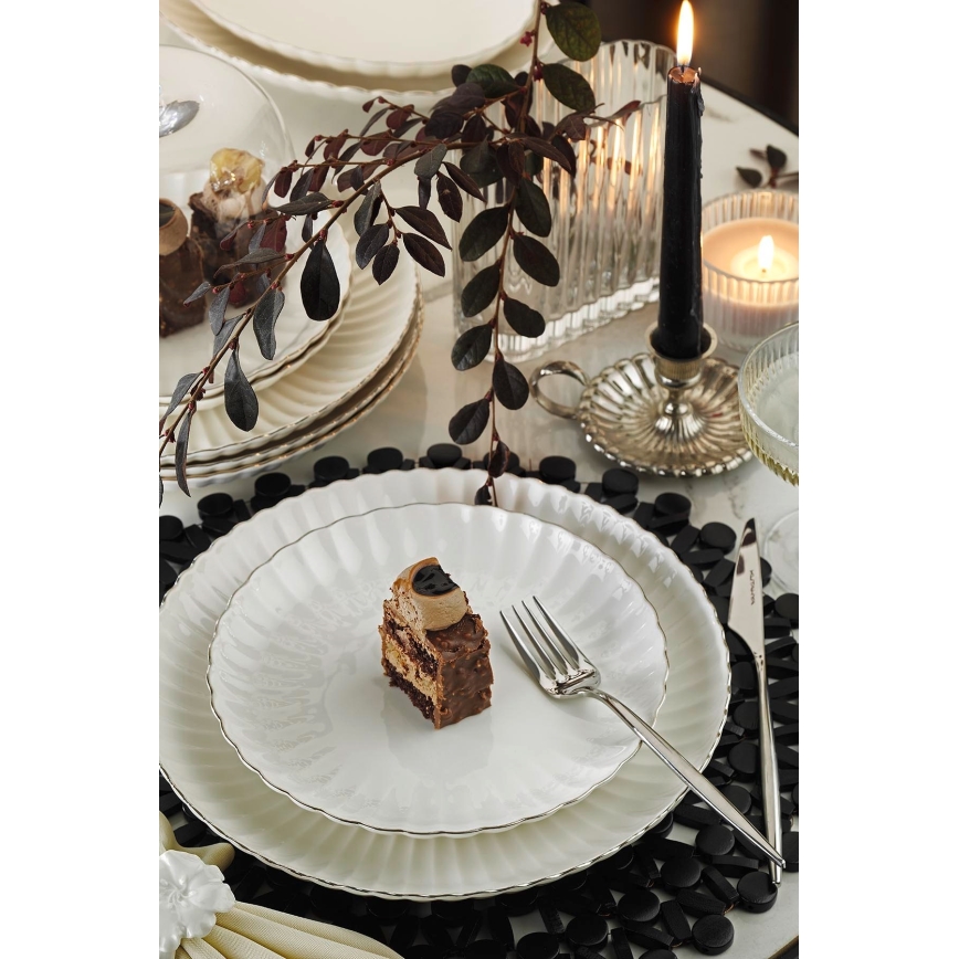 Set de veselă 27 piese din porțelan, alb cu accente argintii