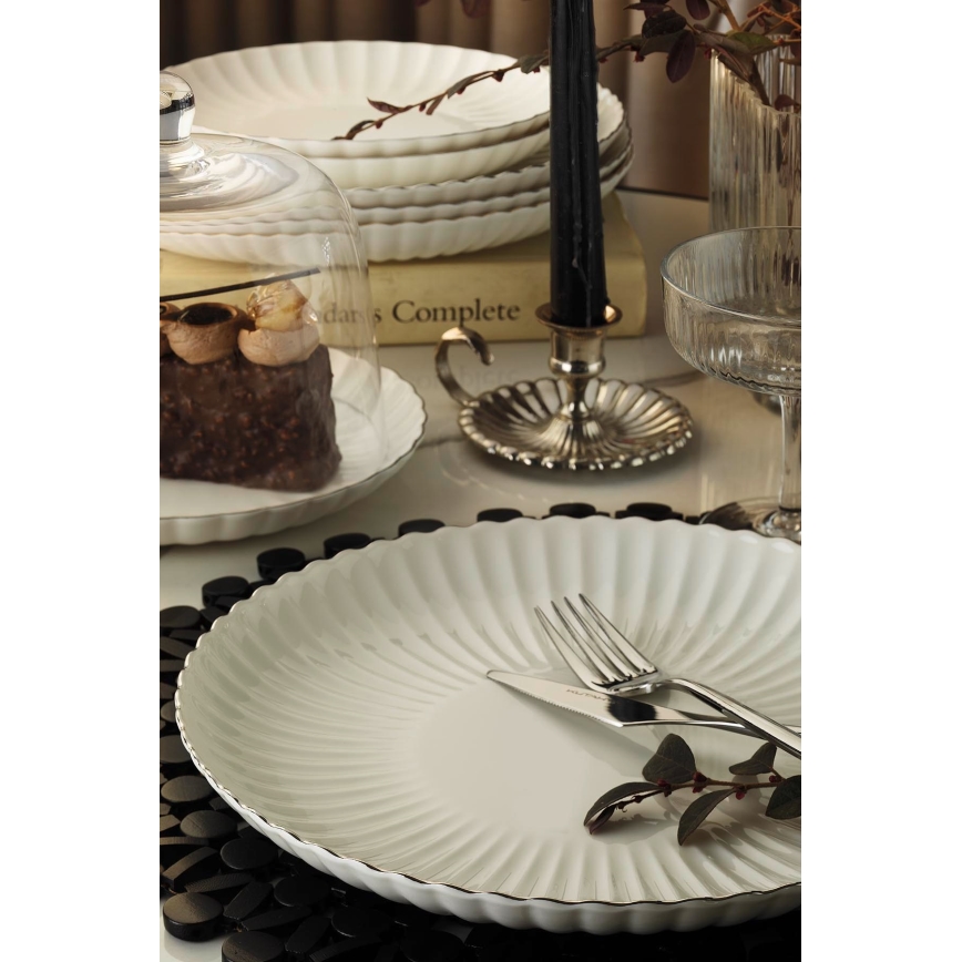 Set de veselă 27 piese din porțelan, alb cu accente argintii