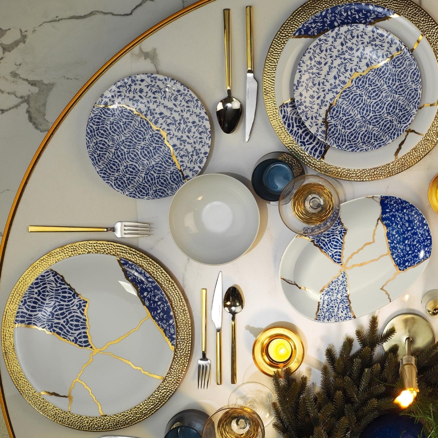 Set de veselă, 28 piese, din porțelan, alb/auriu/albastru