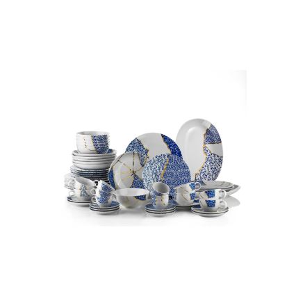 Set de veselă, 28 piese, din porțelan, alb/auriu/albastru