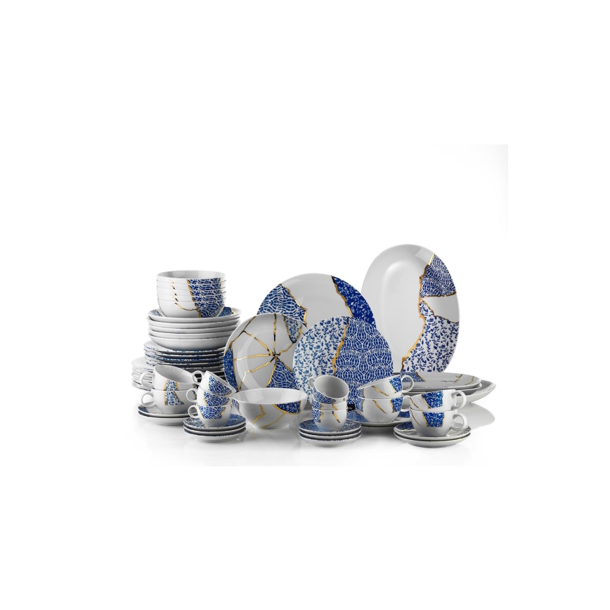Set de veselă, 28 piese, din porțelan, alb/auriu/albastru