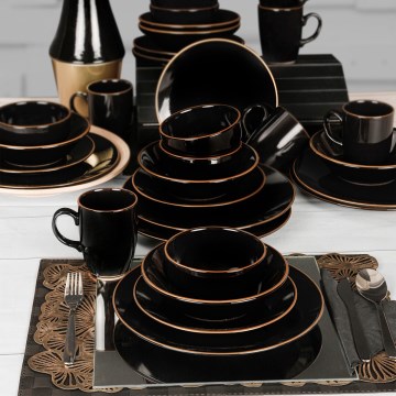 Set de veselă, 30 piese, negru/auriu, din ceramică vitrificată