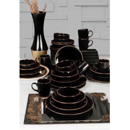 Set de veselă, 30 piese, negru/auriu, din ceramică vitrificată