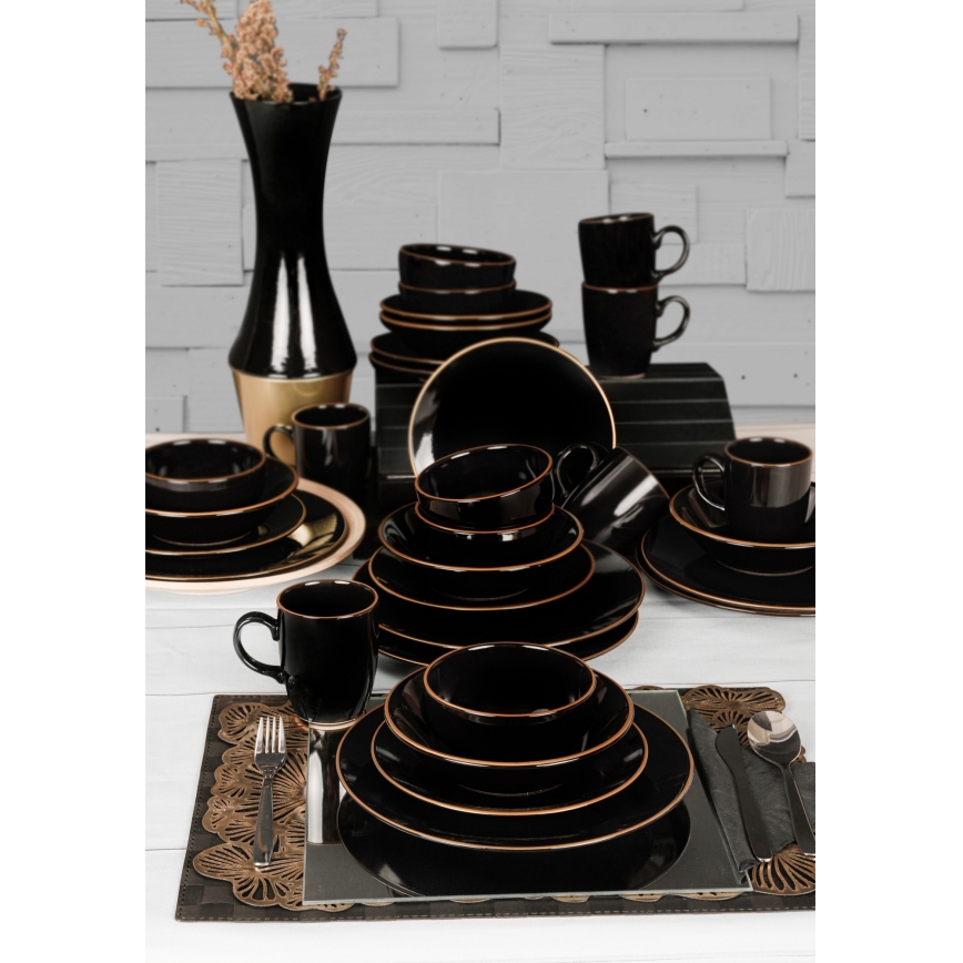 Set de veselă, 30 piese, negru/auriu, din ceramică vitrificată