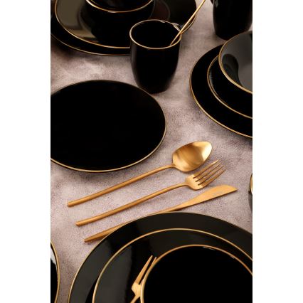 Set de veselă, 30 piese, negru/auriu, din ceramică vitrificată