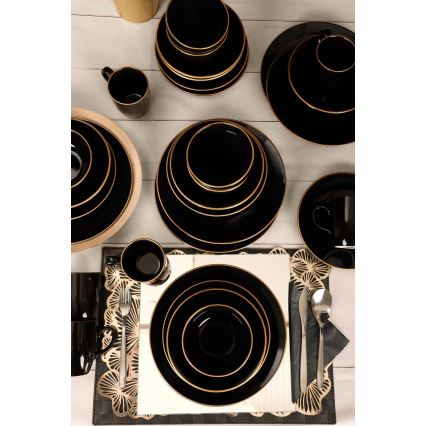 Set de veselă, 30 piese, negru/auriu, din ceramică vitrificată