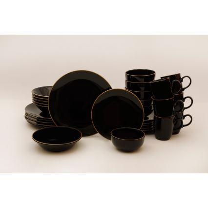 Set de veselă, 30 piese, negru/auriu, din ceramică vitrificată
