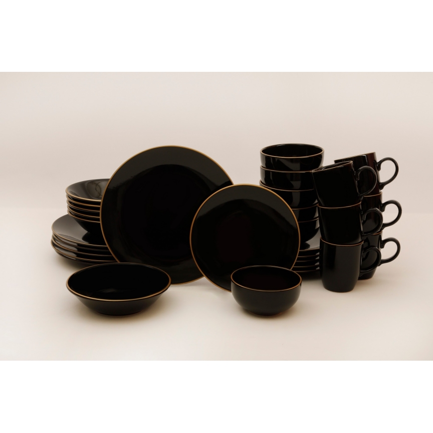 Set de veselă, 30 piese, negru/auriu, din ceramică vitrificată