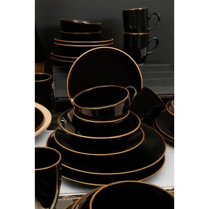 Set de veselă, 30 piese, negru/auriu, din ceramică vitrificată