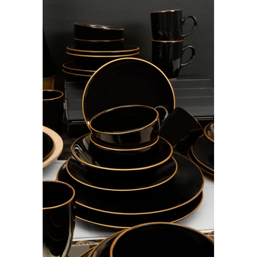 Set de veselă, 30 piese, negru/auriu, din ceramică vitrificată