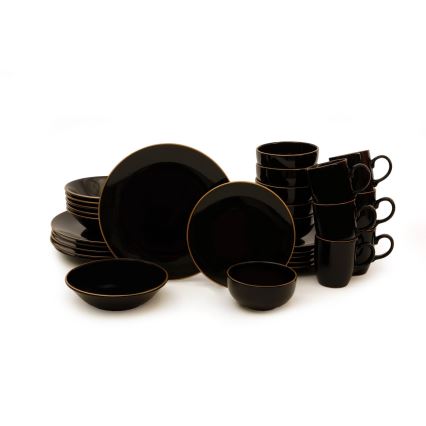 Set de veselă, 30 piese, negru/auriu, din ceramică vitrificată