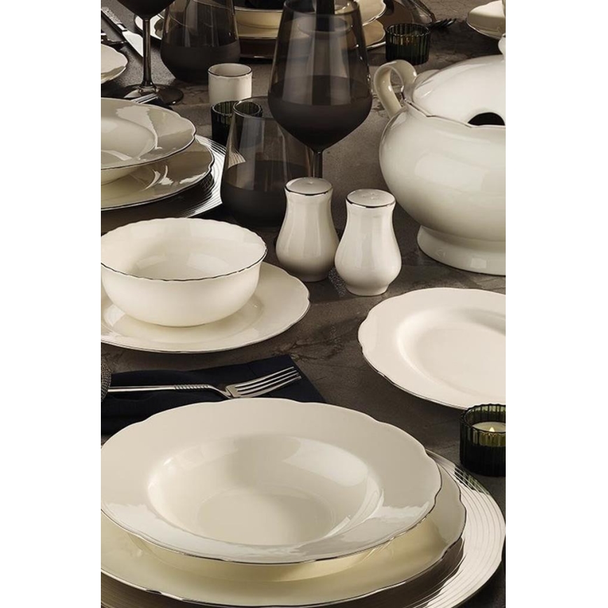 Set de veselă, 54 piese, porțelan alb/argintiu/fildeș