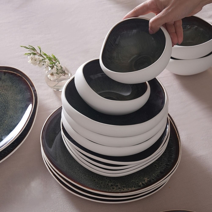 Set de veselă 55 piese alb/negru/ceramică