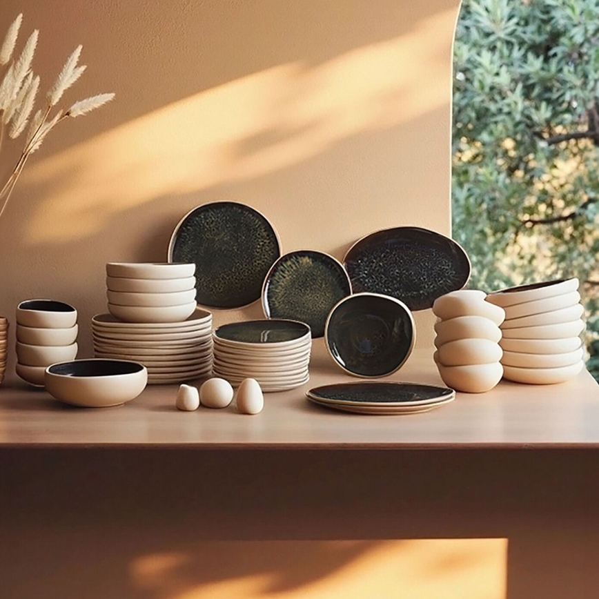Set de veselă 55 piese alb/negru/ceramică