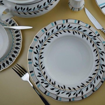 Set de veselă 62 piese alb/albastru/negru/porțelan