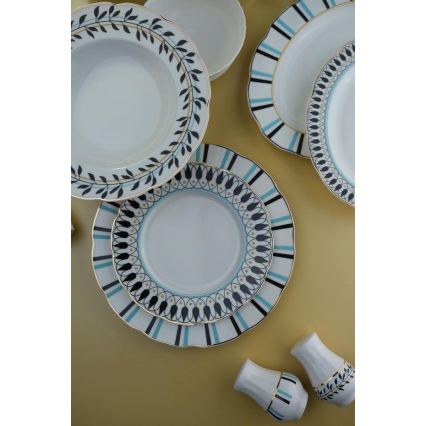 Set de veselă 62 piese alb/albastru/negru/porțelan