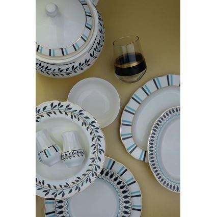 Set de veselă 62 piese alb/albastru/negru/porțelan