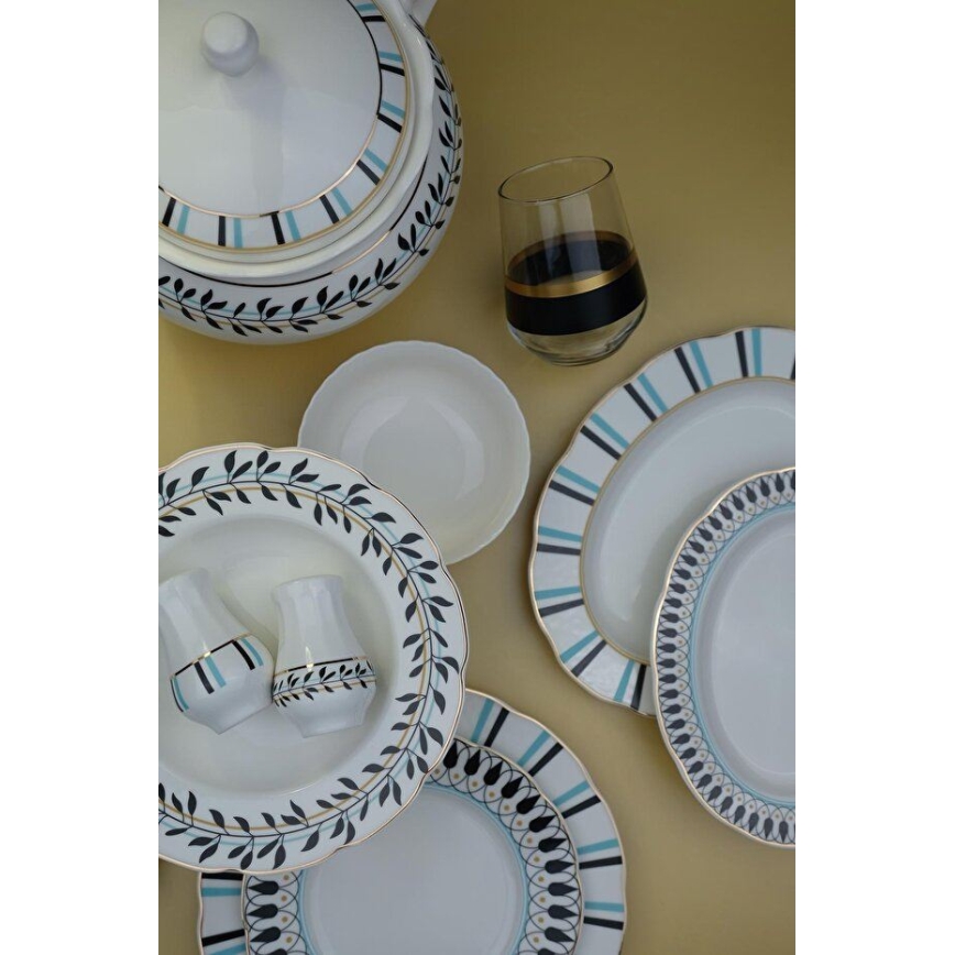 Set de veselă 62 piese alb/albastru/negru/porțelan