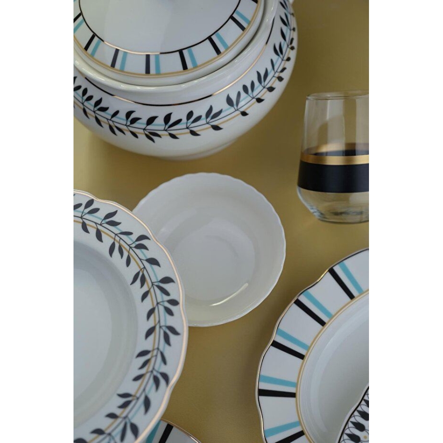 Set de veselă 62 piese alb/albastru/negru/porțelan