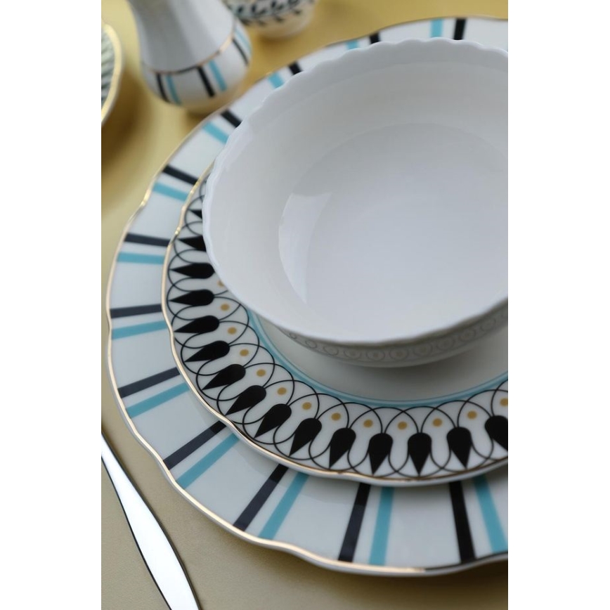 Set de veselă 62 piese alb/albastru/negru/porțelan
