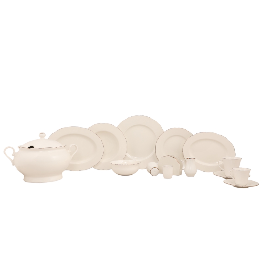 Set de veselă 83 piese, porțelan alb cu accente cupru