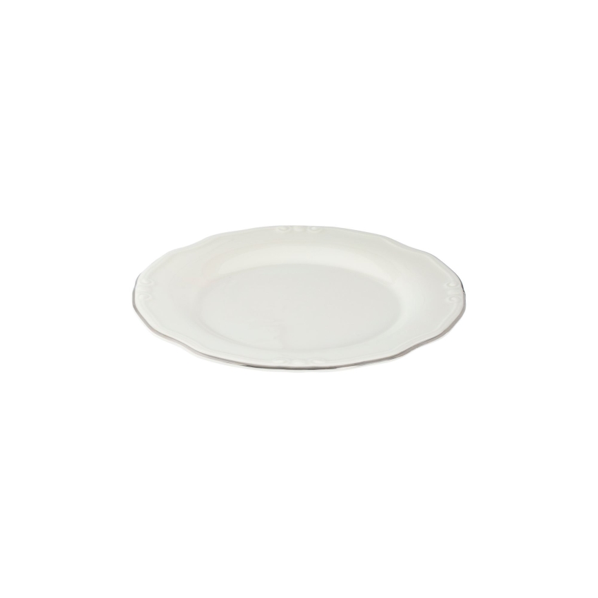 Set de veselă de 24 piese, alb cu accente argintii, din porțelan