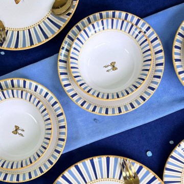 Set de veselă din ceramică, 24 piese — alb, albastru și auriu