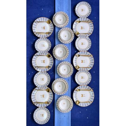 Set de veselă din ceramică, 24 piese — alb, albastru și auriu