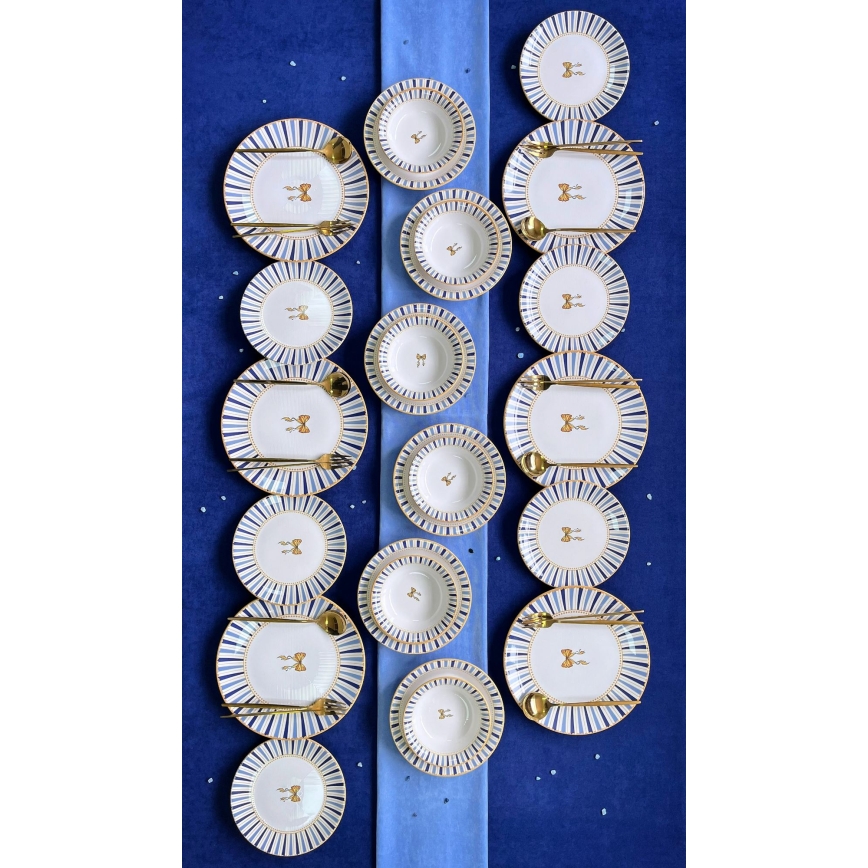 Set de veselă din ceramică, 24 piese — alb, albastru și auriu