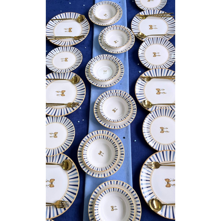 Set de veselă din ceramică, 24 piese — alb, albastru și auriu