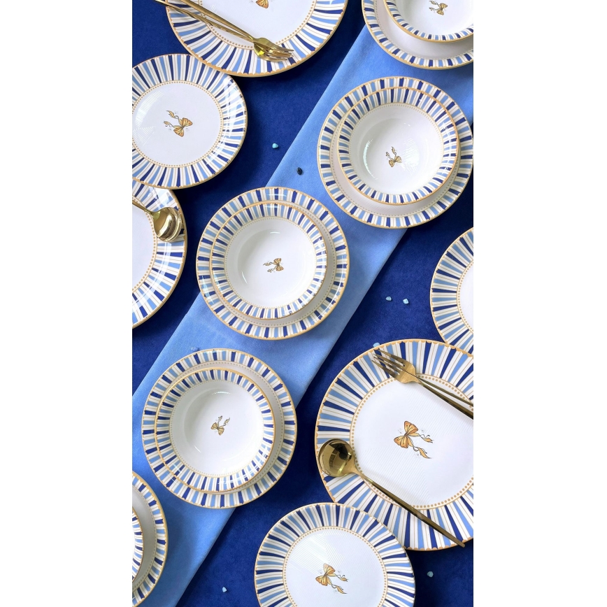 Set de veselă din ceramică, 24 piese — alb, albastru și auriu