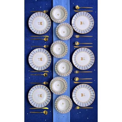 Set de veselă din ceramică, 24 piese — alb, albastru și auriu