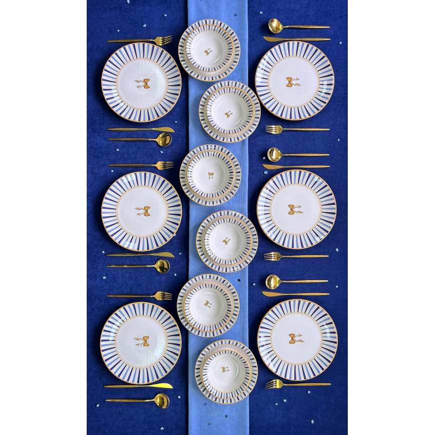 Set de veselă din ceramică, 24 piese — alb, albastru și auriu