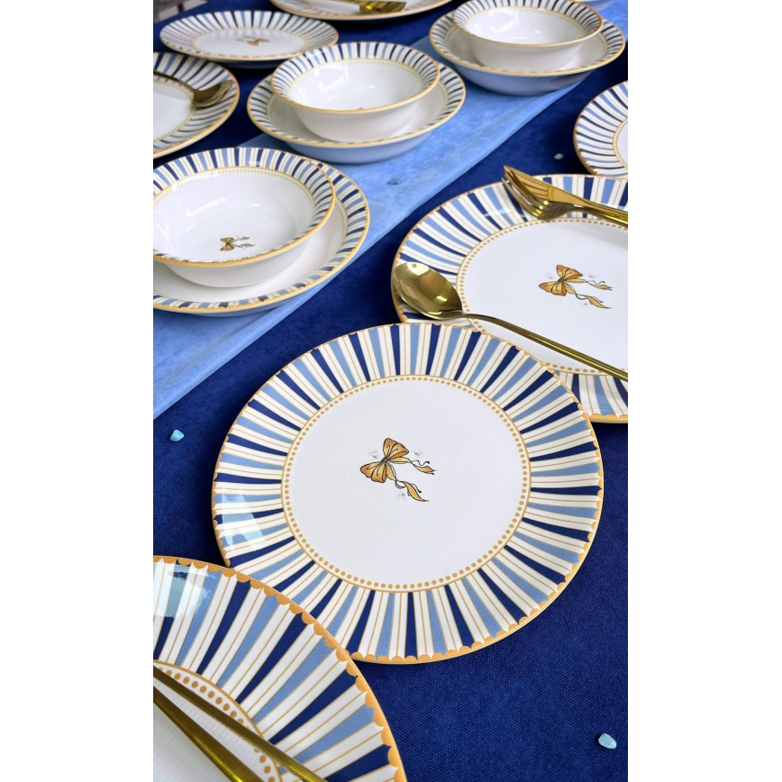 Set de veselă din ceramică, 24 piese — alb, albastru și auriu