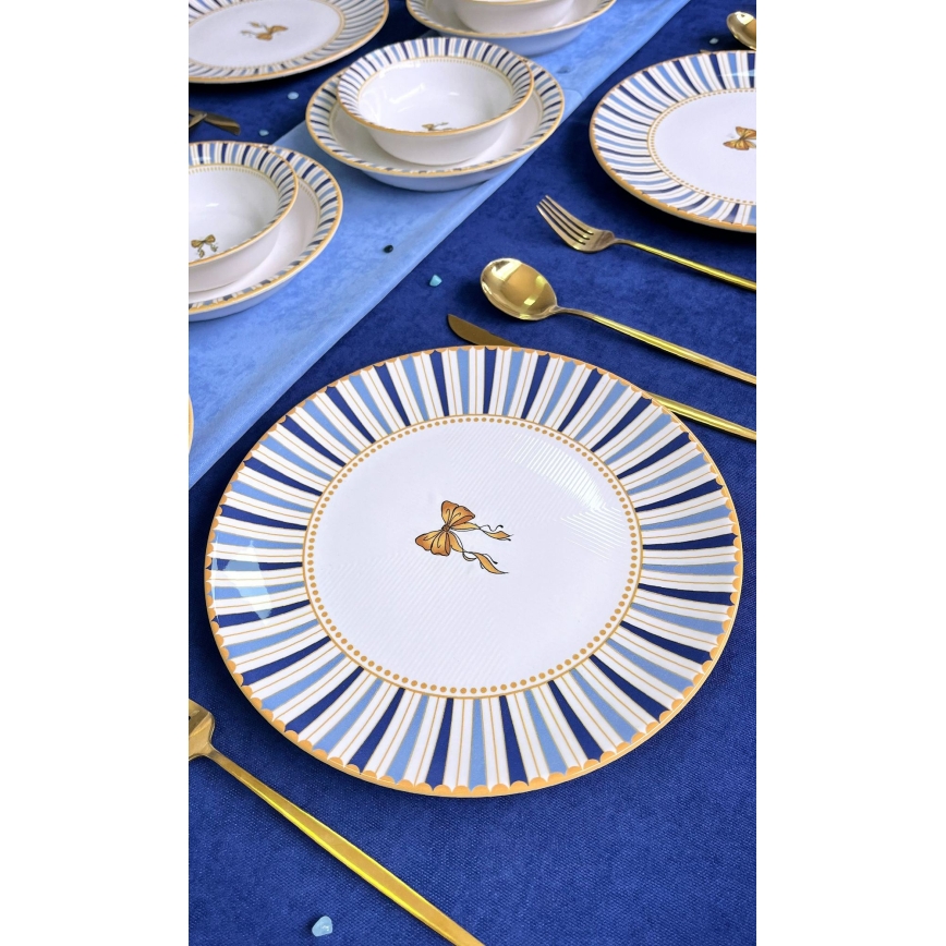 Set de veselă din ceramică, 24 piese — alb, albastru și auriu
