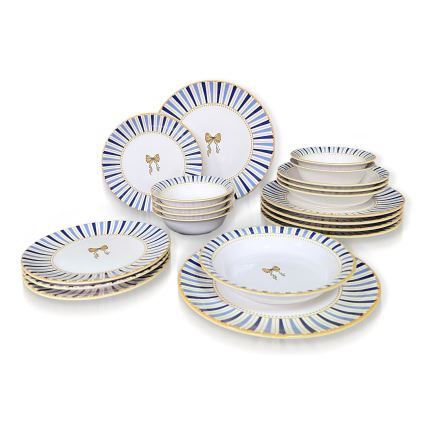 Set de veselă din ceramică, 24 piese — alb, albastru și auriu