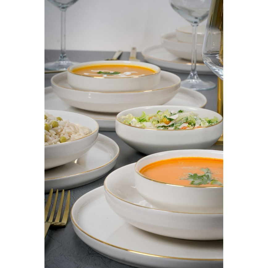 Set de veselă din porțelan, 18 piese, alb cu auriu