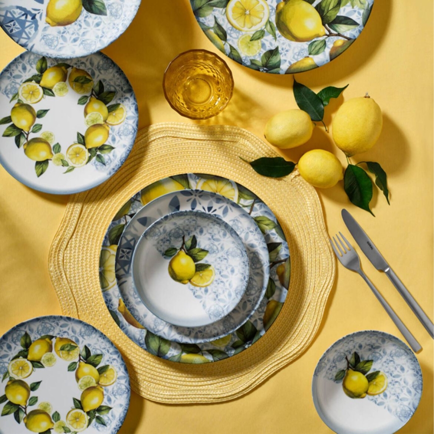 Set de veselă din porțelan, 24 piese, albastru/galben/verde