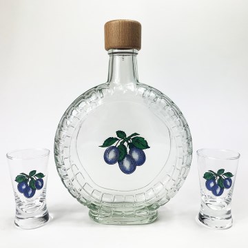 Set format din 1 sticlă de sticlă și 2 pahare clare pentru shoturi cu motiv de prună