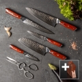 Set Gudaro — 5 cuțite de bucătărie din oțel damasc MIYABI + suport pentru cuțite și foarfecă pentru carne de pasăre