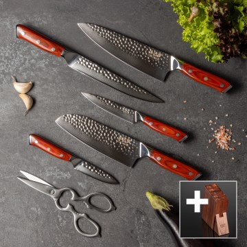 Set Gudaro — 5 cuțite de bucătărie din oțel damasc MIYABI + suport pentru cuțite și foarfecă pentru carne de pasăre