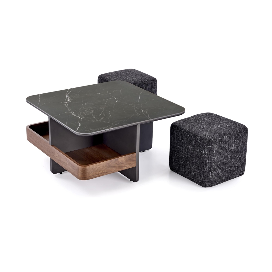 Set masă de cafea KORO 70x70 cm + 2x taburet negru/maro