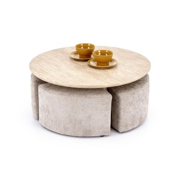 SET masă de cafea NUGAT Ø 80 cm + 4x taburete travertin/gri