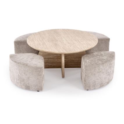 SET masă de cafea NUGAT Ø 80 cm + 4x taburete travertin/gri
