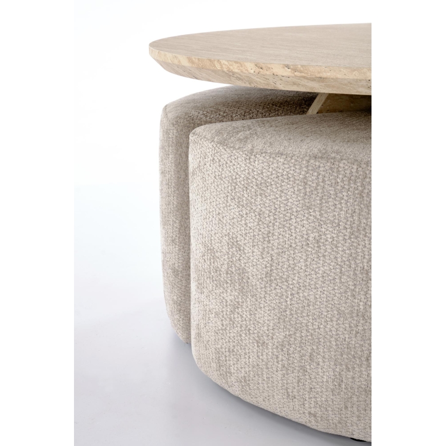 SET masă de cafea NUGAT Ø 80 cm + 4x taburete travertin/gri